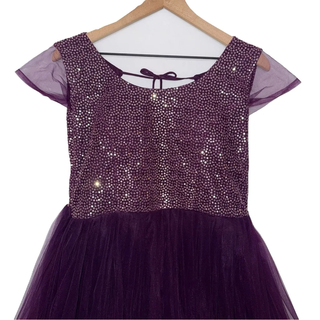 Open Back Purple Sequin Tulle Dress Evening‎ Gown Floor Length Size 10 - Image 2