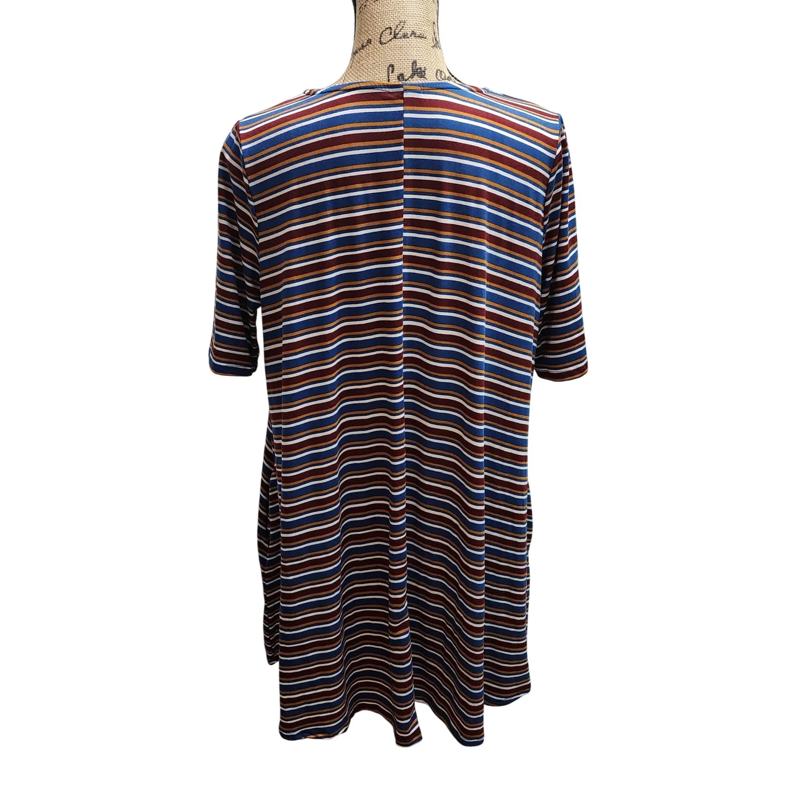 Agnes & Dora XL Tunic Top Blue Brown Red Stripe Short‎ Sleeve Made in USA - Image 2