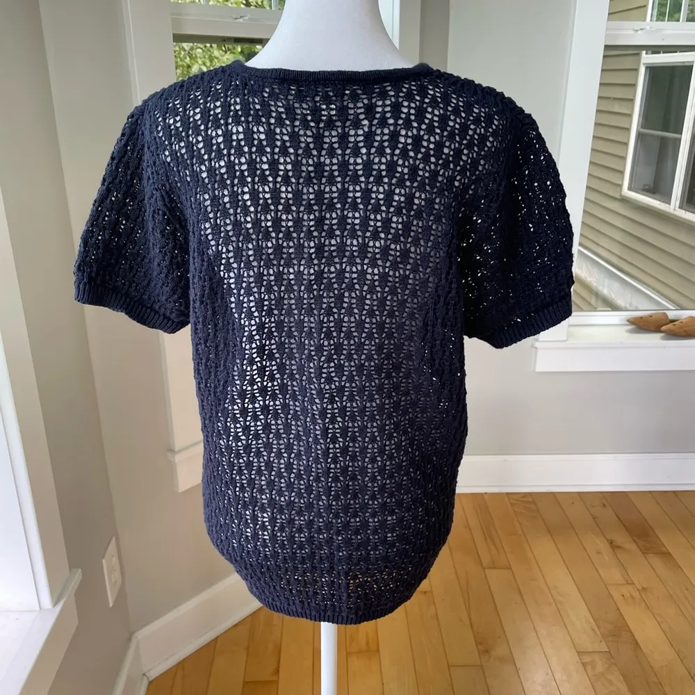Vintage John Paul Richard Navy Blue Crochet Short Sleeve Sweater Size Large - Image 4