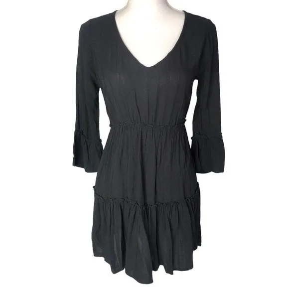 Sky & Sparrow Black Striped Tiered Ruffled 3/4 Sleeve Mini Dress - Image 31