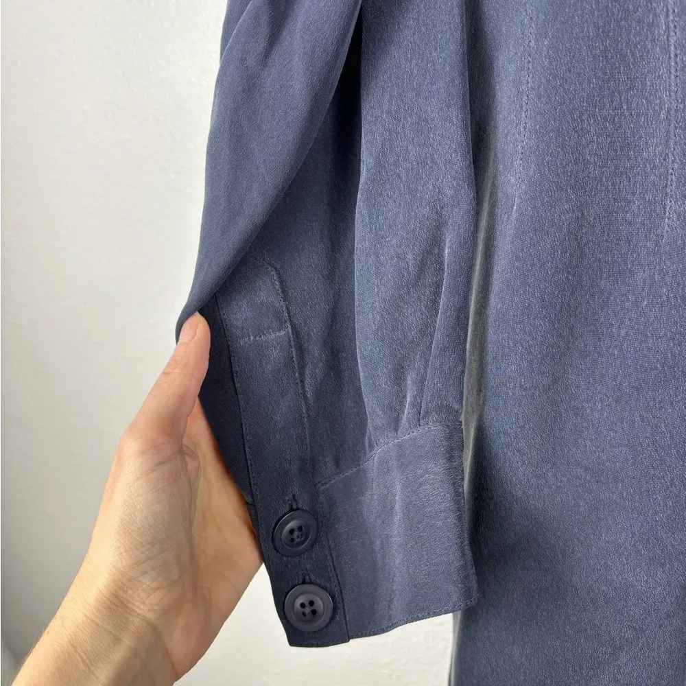 Vintage AKA Eddie Bauer 100% Silk 8 Navy Blue Long Sleeved Button Up Shirt Dress - Image 4