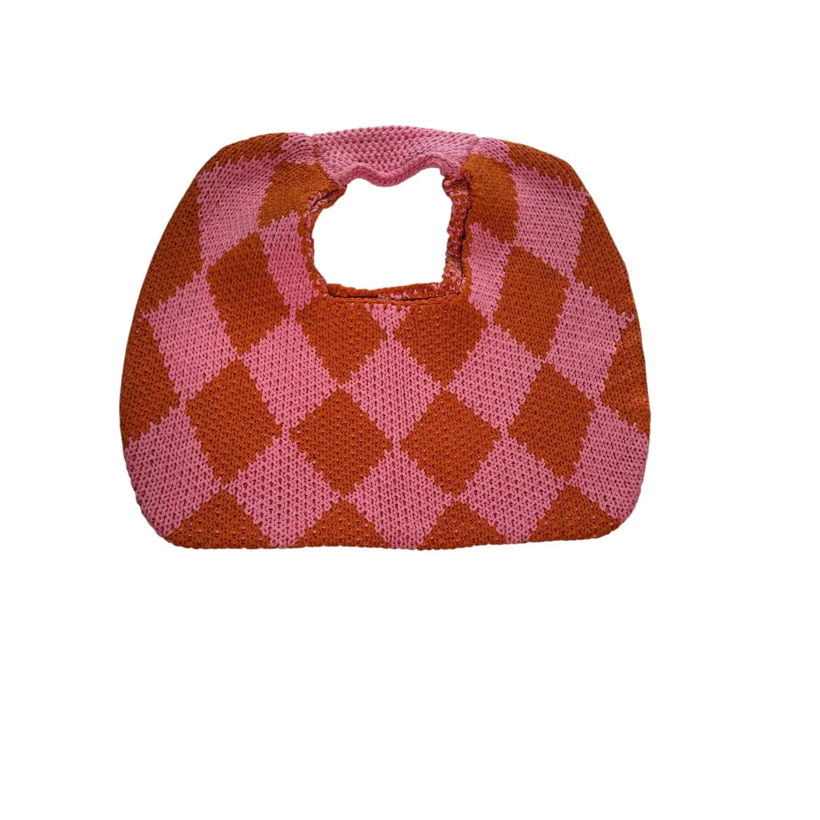 KOPARI Bag Womens Medium Pink Orange Knit Argyle Shoulder Purse Handbag Tote - Image 2