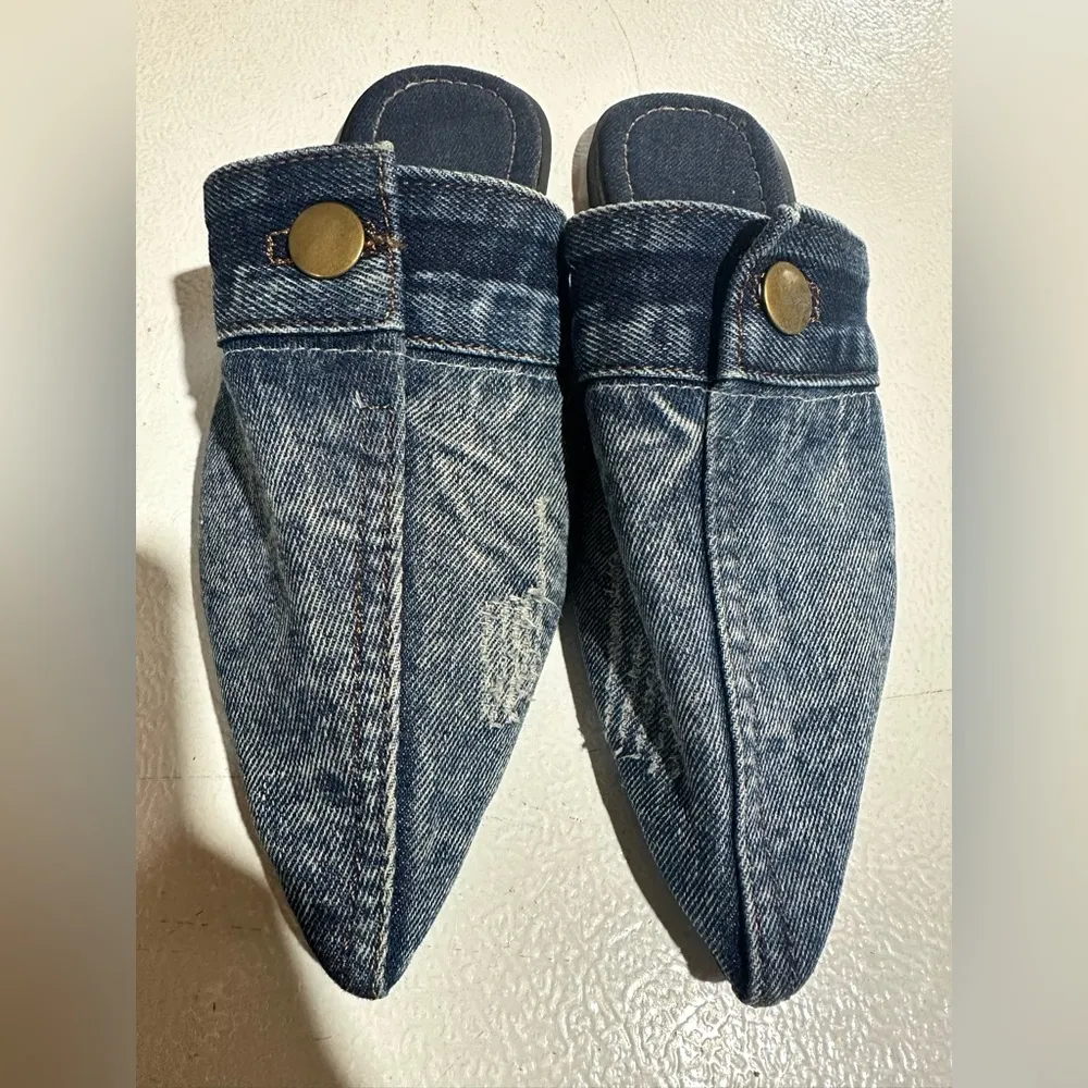 Distressed Denim Flat Slip On Mule Shoe Blue Size 7.5 - Image 3