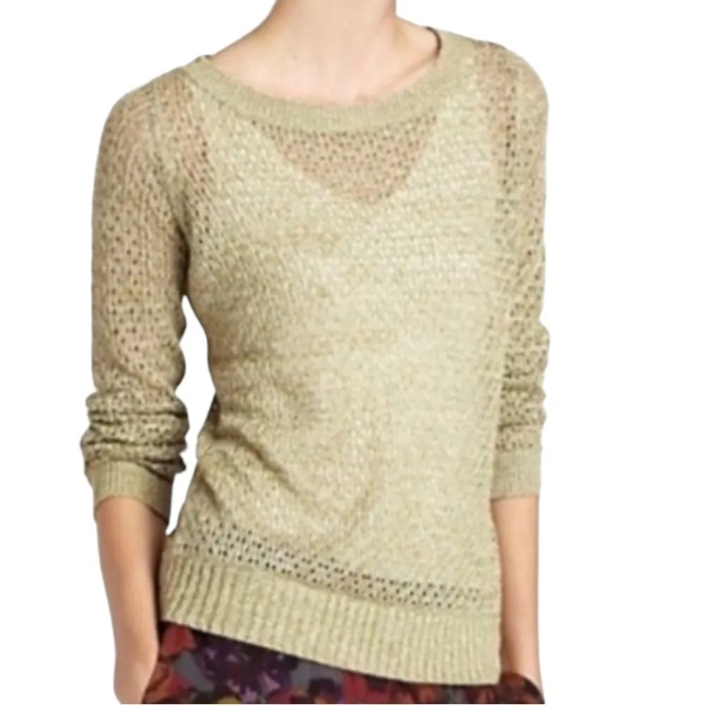 Anthropologie Guinevere Hemp Metallic Sweater XS Crewneck Gold Sheer Open Knit - Image 10