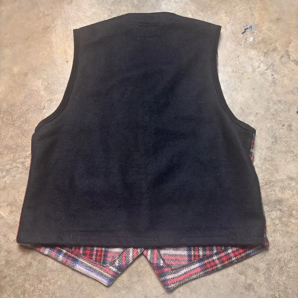 Angelique Vintage Wool Black Suede Trim Plaid Design Button Up Vest Sz L Red Size L - Image 3