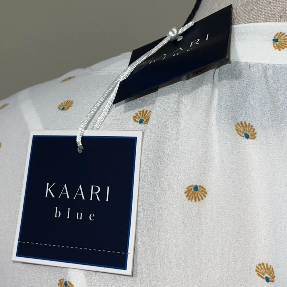 KAARI blue size medium women’s blouse ivory with decorative shell fan dot lined - Image 2
