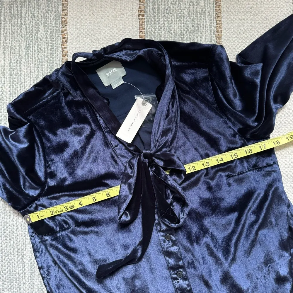 Maeve Anthropologie Royal Blue Crushed Velvet Tie-Neck Button Down Tunic Shirt 2 - Image 6
