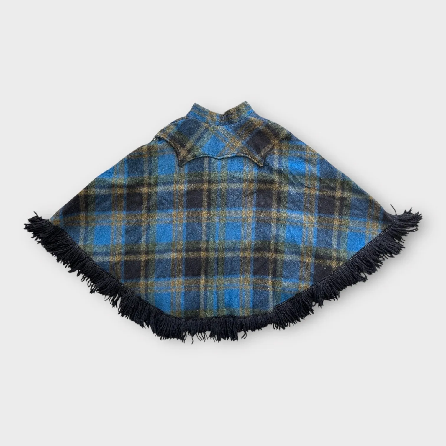 Vintage 70s Trego’s Westwear Plaid Wool Fringe Poncho Cape Blue | Size M Western Size M - Image 2