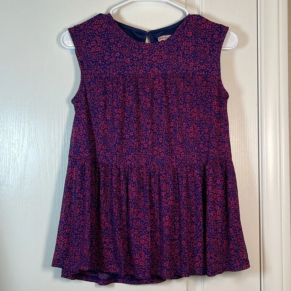 Juicy Couture Purple Navy Sleeveless Peplum Ruffle Floral Blouse XS EUC #0536-OC - Image 2