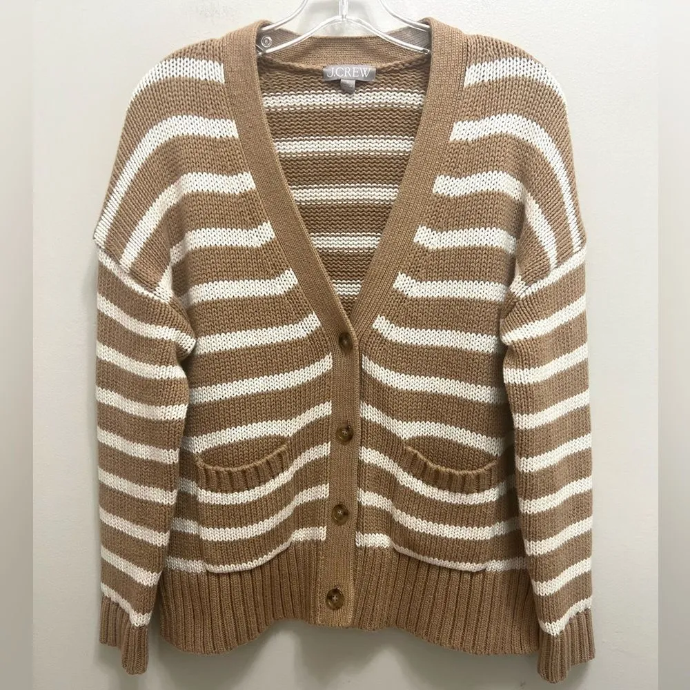 J. Crew Heritage Relaxed Cotton Striped Knit Cardigan Sweater Pockets Camel Tan - Image 2