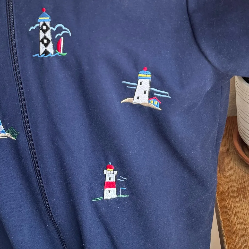 Vintage Lighthouse Embroidered Zip‎ Up Jacket Navy Coastal S Blue - Image 6