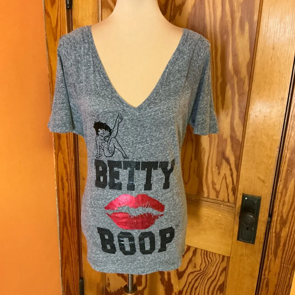 Betty Boop sexy cold shoulder v neck top Gray - Image 4