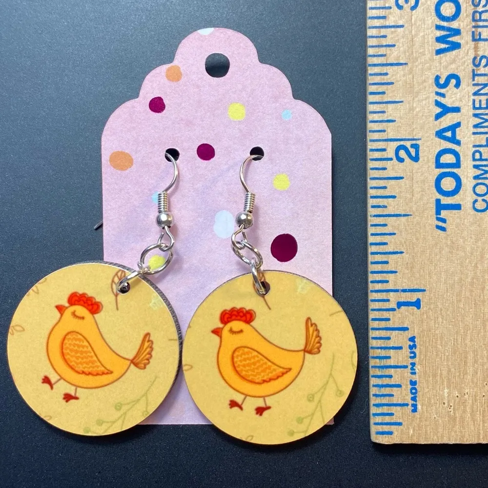 Chicken Yellow Round Dangle Pierced Earrings - Image 3