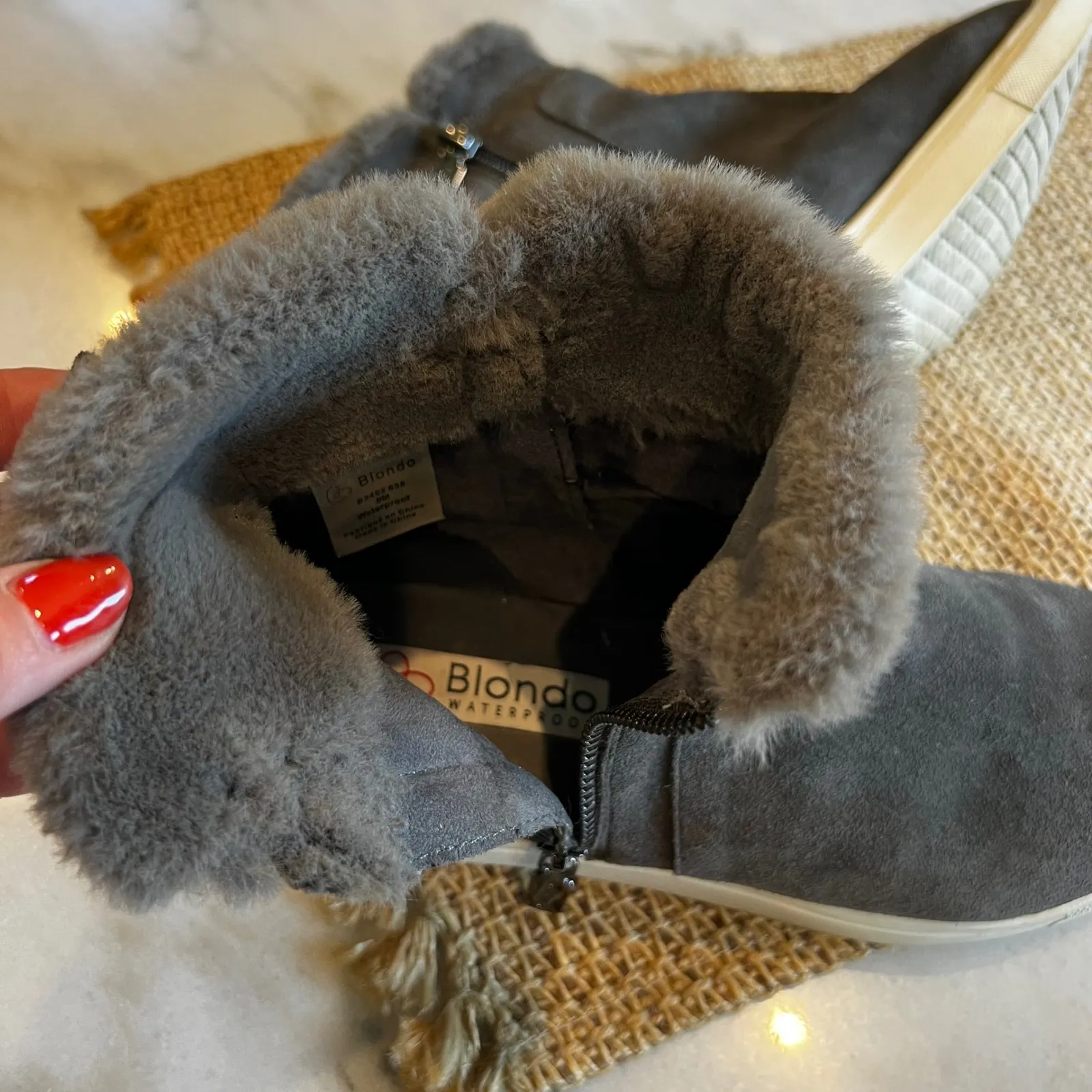 Blondo Gray Suede‎ Waterproof Faux Fur Lined Wedge Ankle Booties - Image 9