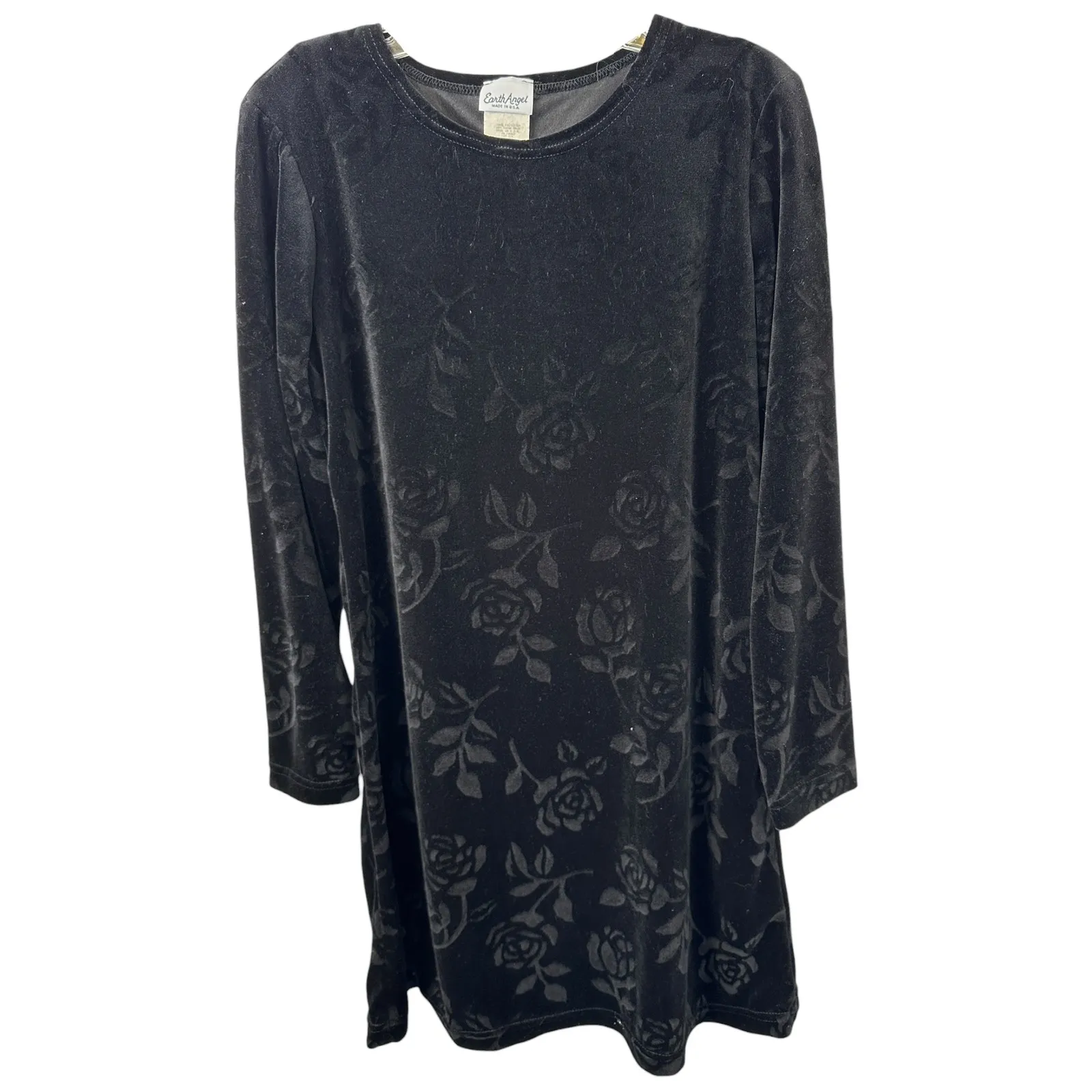 VTG Dress Black Velvet Burnout Size 10 Rose Print Shift Y2K 90s Long Sleeve 1806 - Image 2