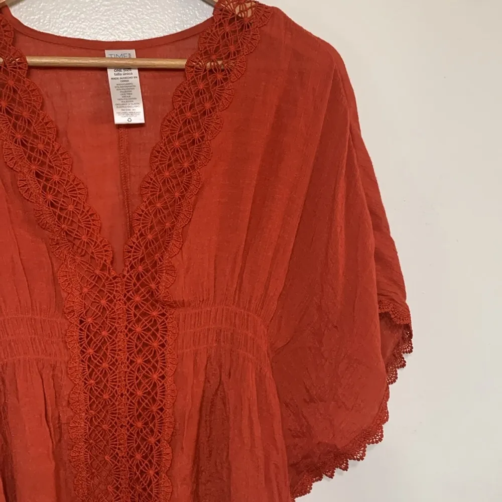 Time & True Rust Boho Crochet Fringe Gauze Pop Over Top One Size Size undefined - Image 2