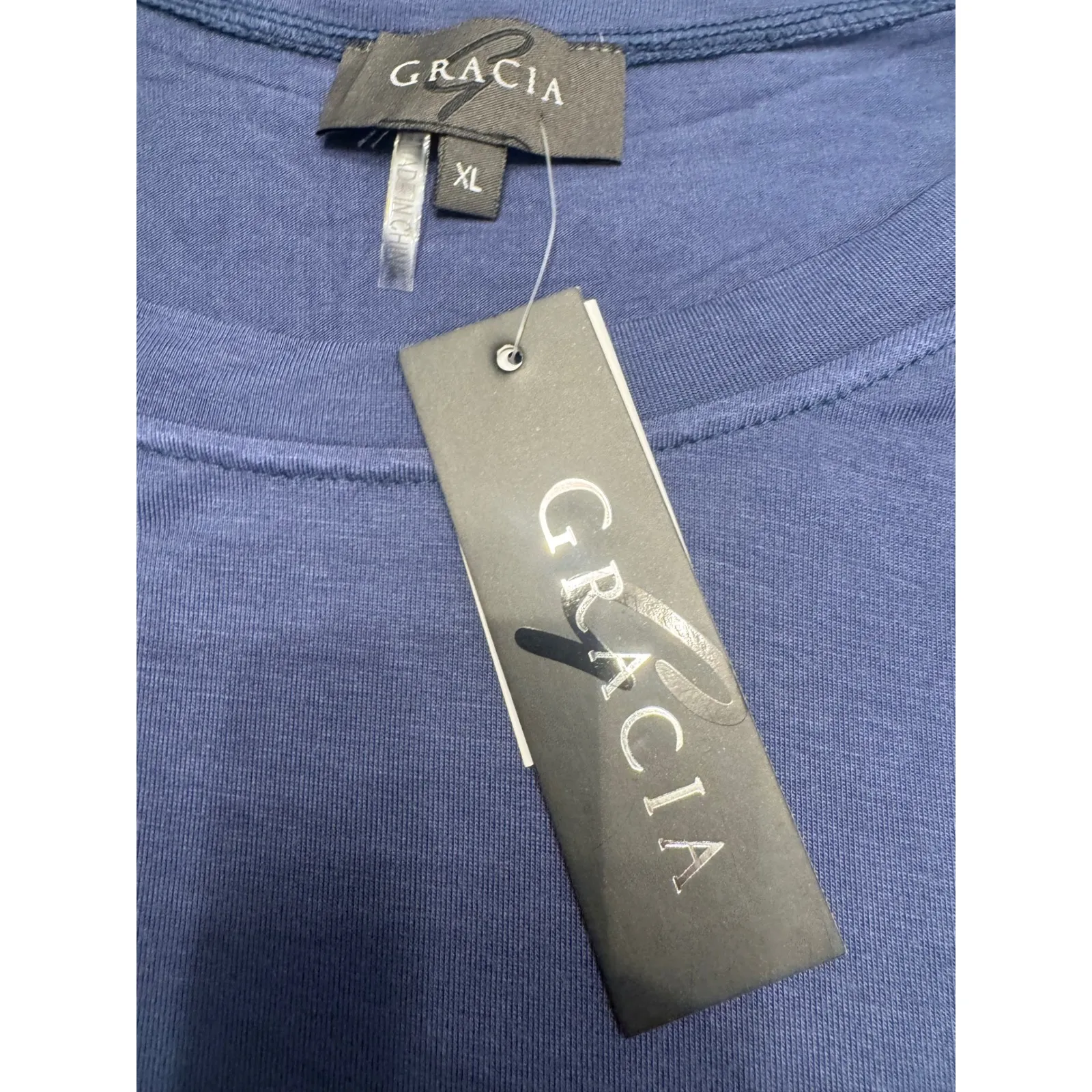 Gracia Top Navy Blue Faux Leather Ruffle Sleeve Crew Neck Short‎ Sleeve XL - Image 4