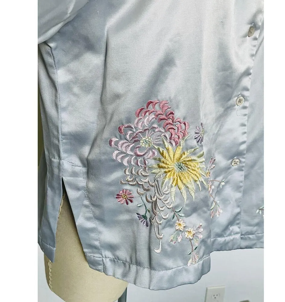 Vintage Natori Embroidered Pajama Top Fleece Lined Button Up Blue Size M - Image 2