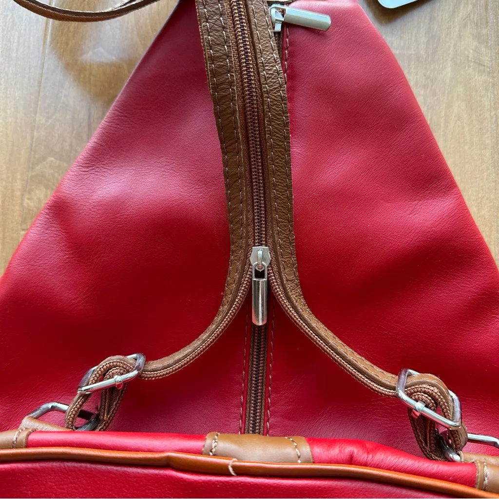 Vera Pelle Genuine Soft Italian Leather Backpack/Rucksack Shoulder Bag, Red/Tan - Image 6