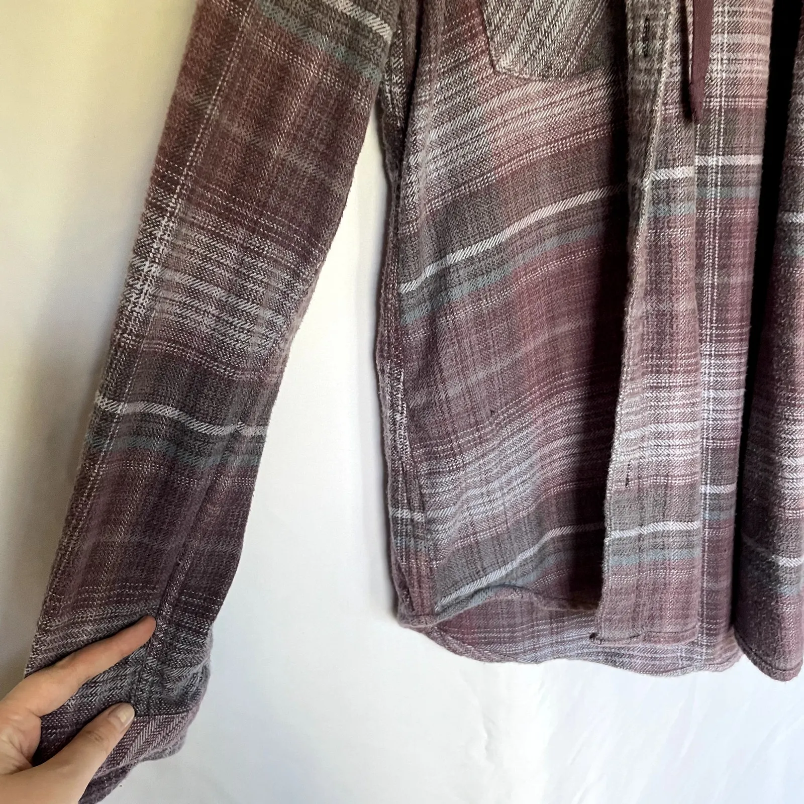 Columbia button down checkered shirt fleece hood women's small cotton purple - Image 2