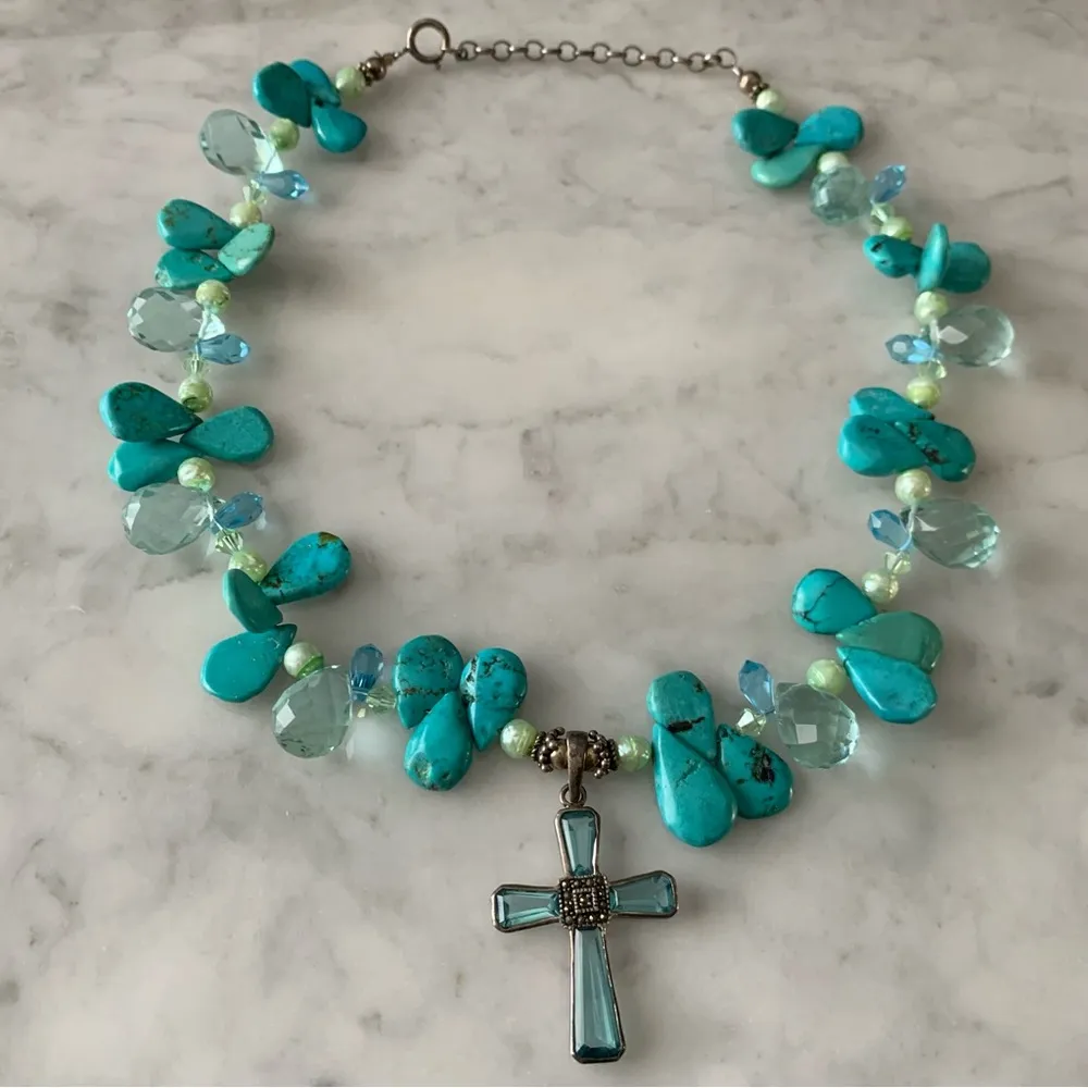 Southwestern Cross Necklace Teardrop Genuine Turquoise Beaded Teardrop 925 Blue - Image 7