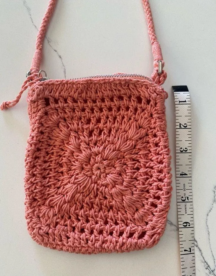 Target Coral Pink Boho Crochet Mini Crossbody Purse Cell Phone Bag - Image 6