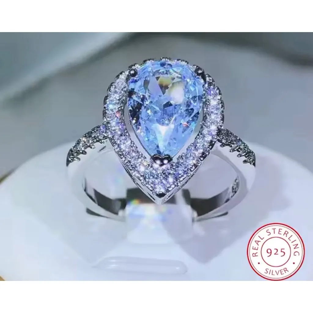 NEW‎ 3ct Rhodium Silver Pear Halo Teardrop Engagement Ring, Size 8 - Image 13