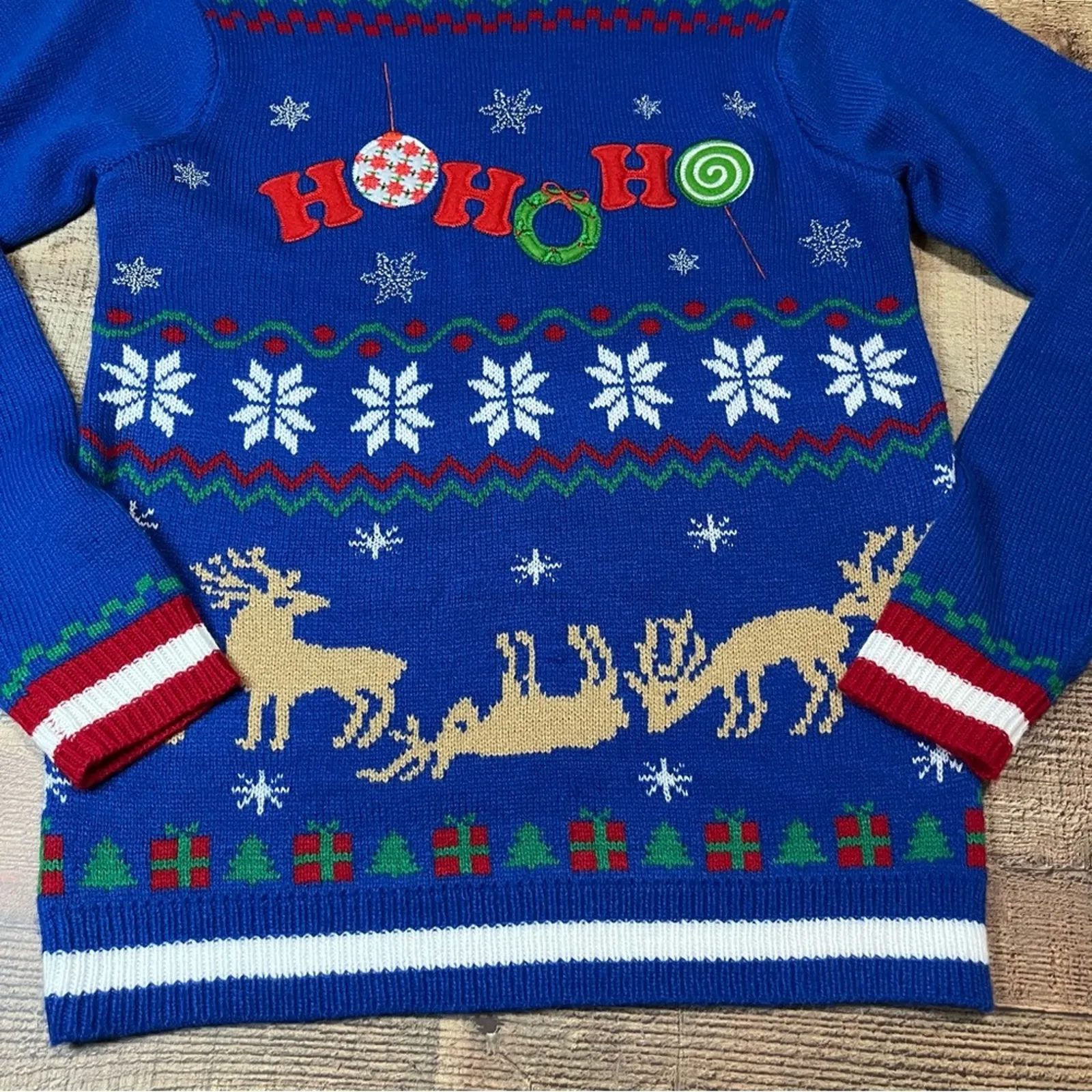 Jolly Sweaters | Blue HOHOHO Holiday Drunk Reindeer Ugly Christmas Sweater Sz S - Image 3