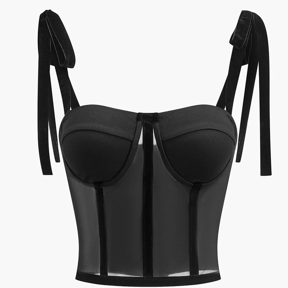 Commense Semi Sheer Y2K Dark Fairy Tied Mesh Cami Crop Top Black L Size L - Image 2