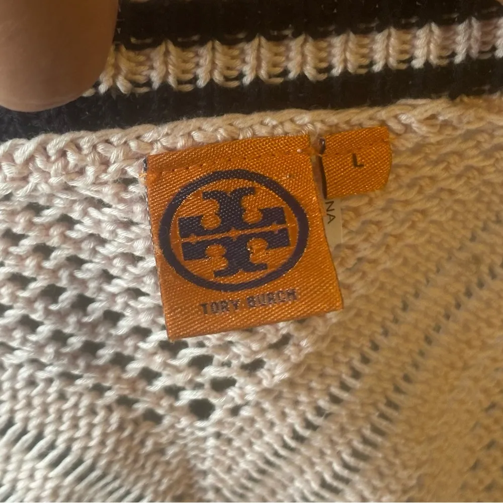 Tory Burch Crochet Knitted V Neckline Pullover Sweater Pink Navy Blue Stripe - Image 3