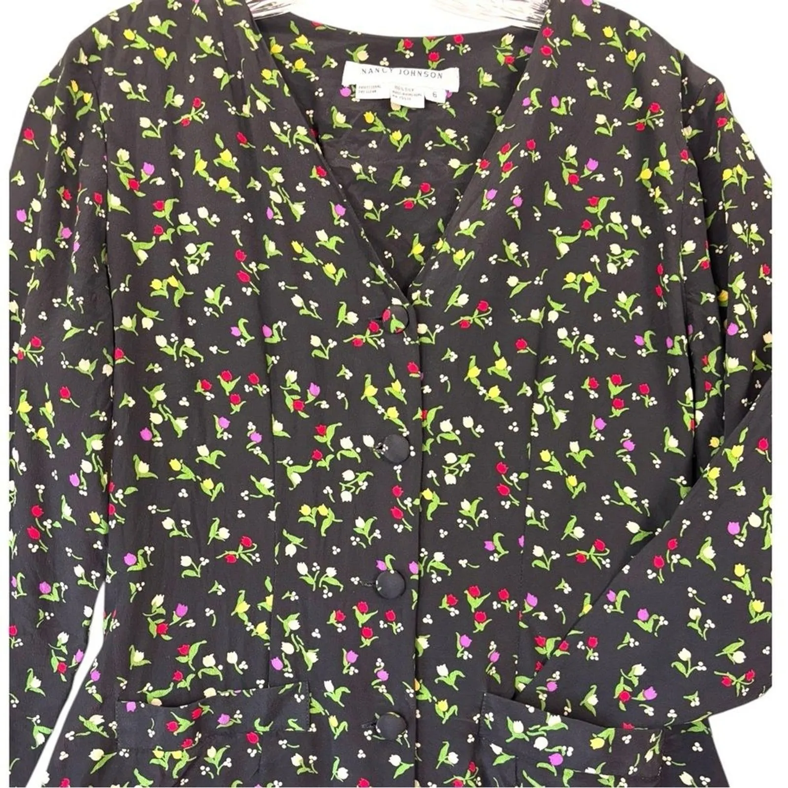 Vintage Dark Floral 100% Silk Blouse & Skirt Set Black Fairy Cottagecore size 6 - Image 7