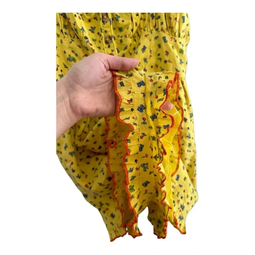 Urban Outfitters Yellow Linen Floral and Butterfly Print Short Romper // Medium - Image 5