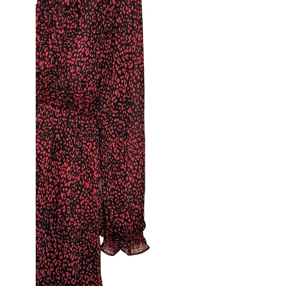 Zara Women's Dress Cheetah Long Sleeve Ruffled Trim Mini Red & Black‎ Large NWT - Image 2