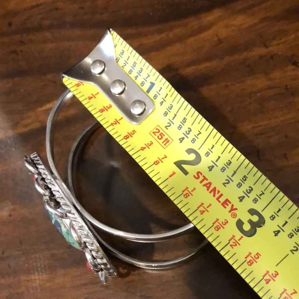 VINTAGE Sterling Silver Turquoise Coral Cuff Bangle Bracelet - Image 9