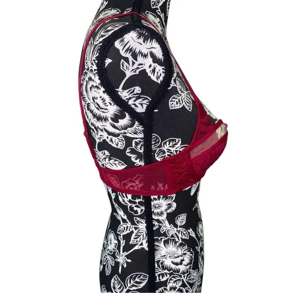 Cutout Balconette 34A Push Up Bra Lace Floral Sexy Coquette Sheer Red Size undefined - Image 5