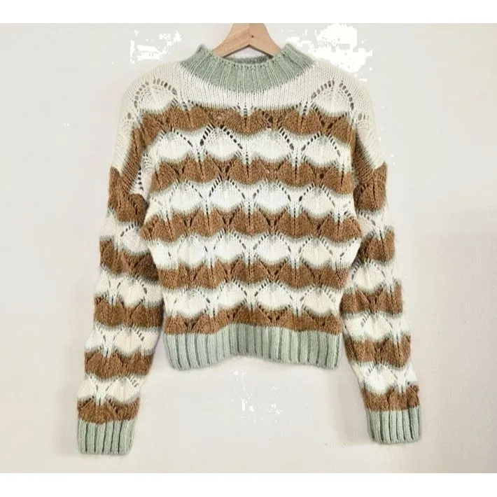 Zara Striped Pointelle Knit Alpaca Wool Blend Sweater Women’s S/M Ivory Tan Sage - Image 4
