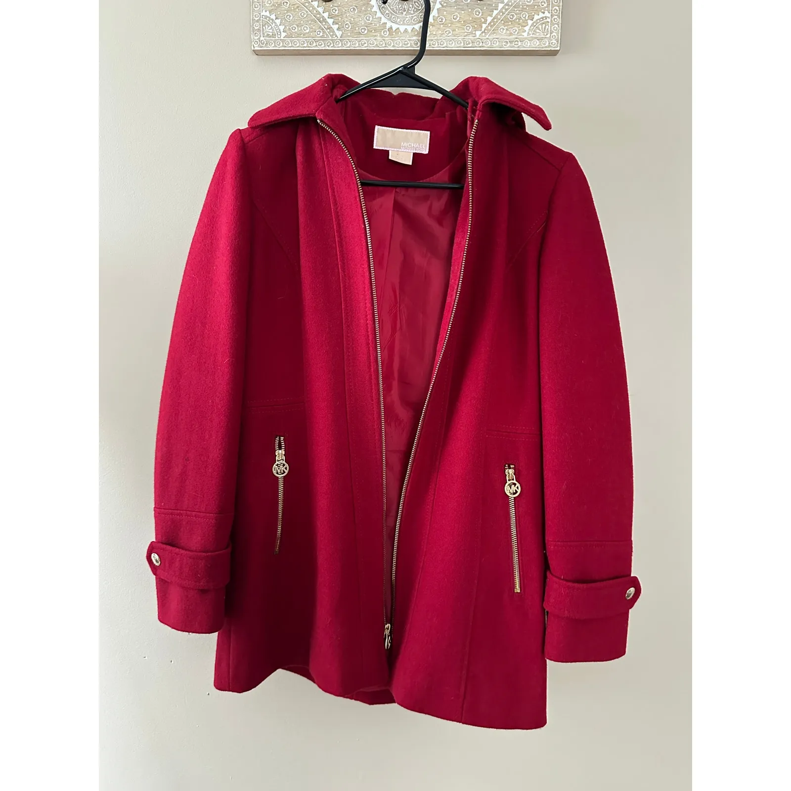 Michael Kors Cranberry Red Wool Blend Womens Petite Peacoat Coat Hooded - Image 5