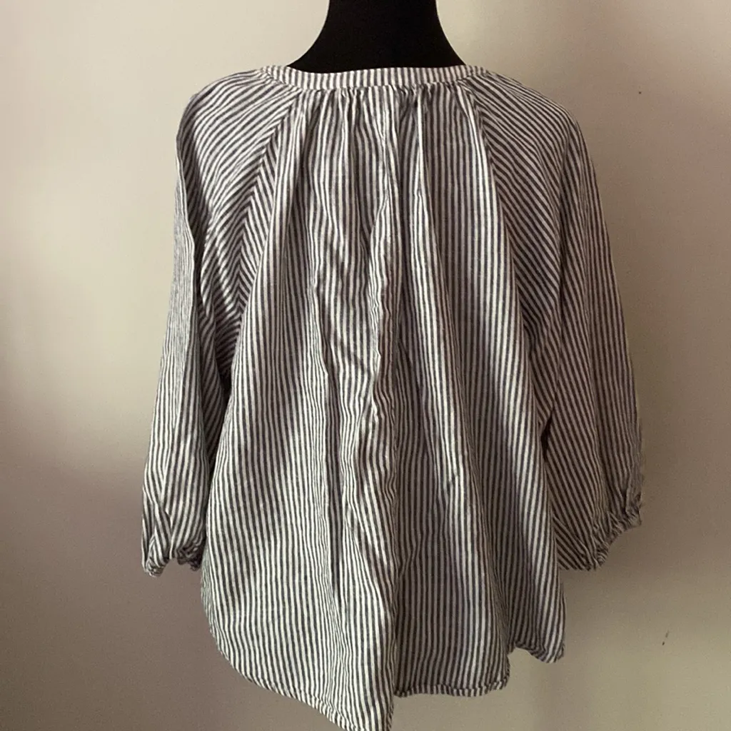 A new day linen blend long sleeve shirt top blouse striped ballon sleeves small - Image 6