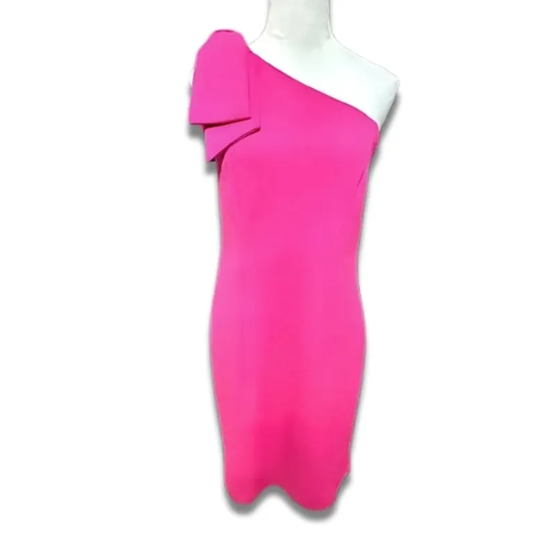 Marina Crepe Sheath Dress Asymmetric Neck Bow Shoulder Sleeveless Pink W 8 NWOT - Image 2