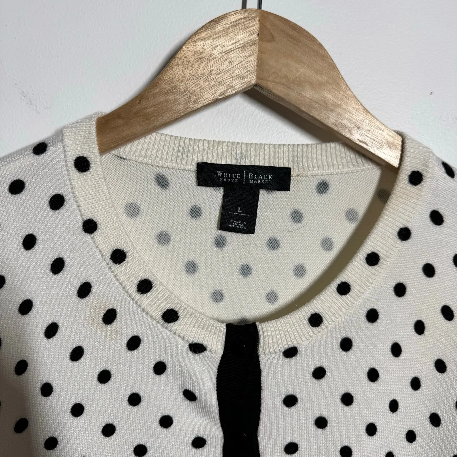 White House Black Market Polka Dot Cardigan Sweater Women L Black White Minimal - Image 3