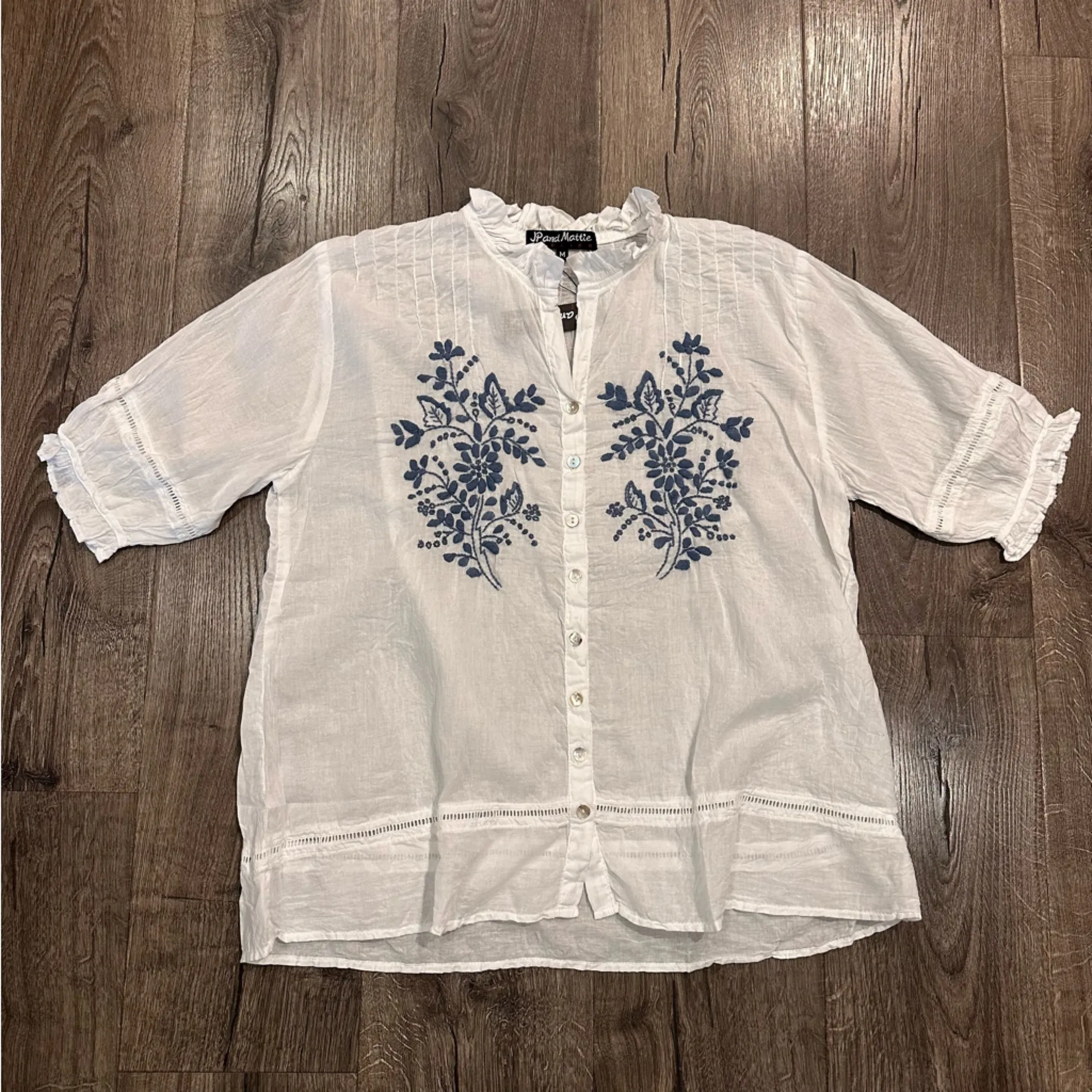NWT Sundance JP And Mattie White Blue Sabine Embroidered Floral Blouse Top M Size M - Image 12