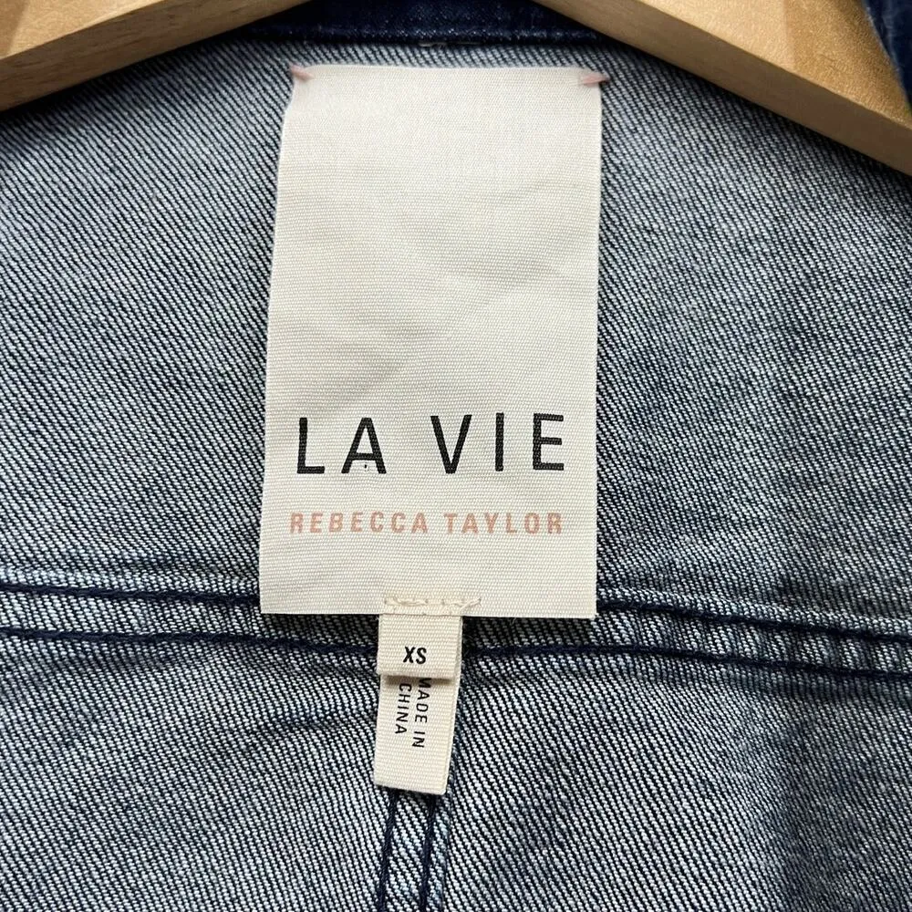 La Vie Rebecca Taylor Shirred Shouder Cropped Denim Jacket in Dark Blue size XS - Image 8