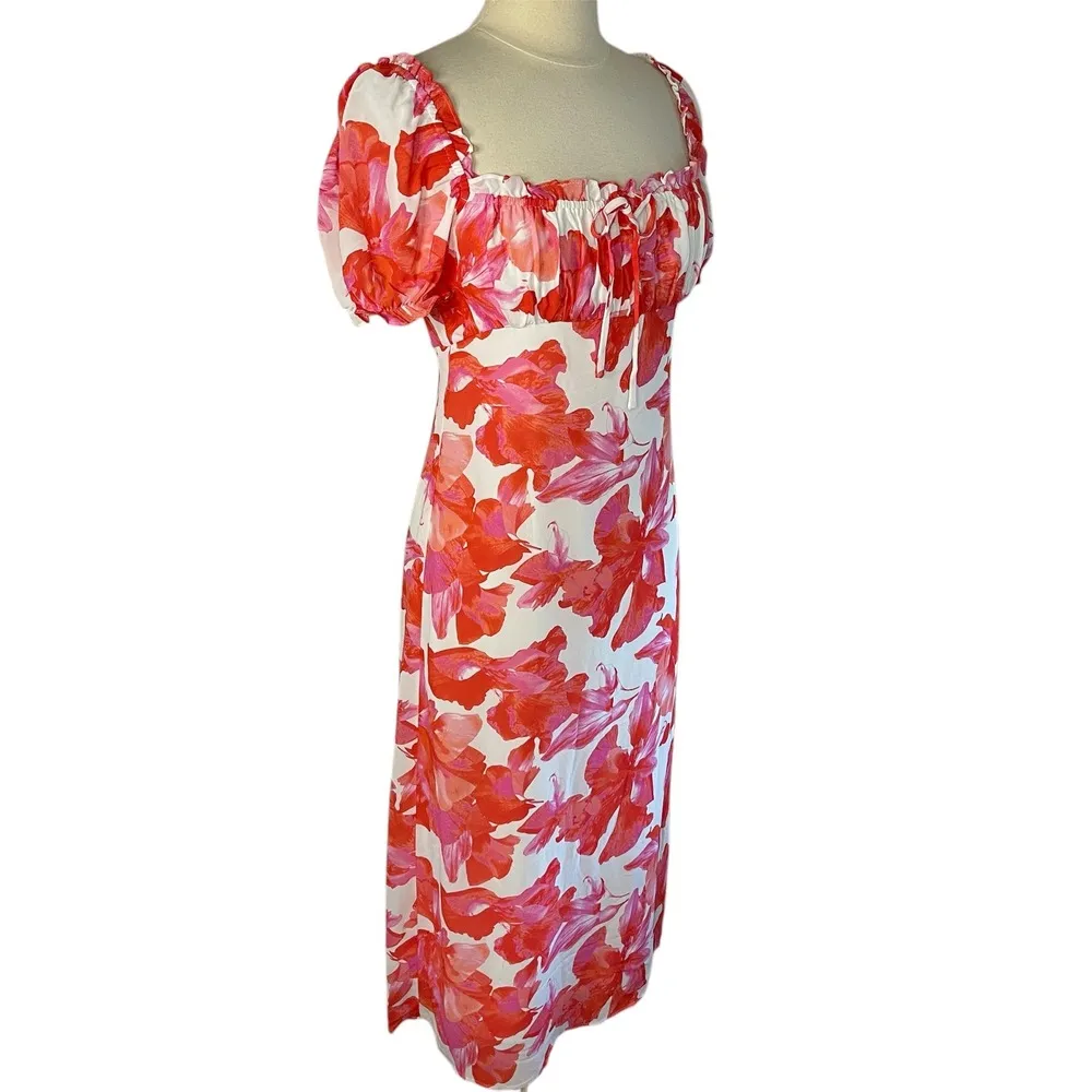 NWT‎ WAYF Felicity Floral Pink Midi Dress in Coral Pink Hibiscus, Small - Image 4