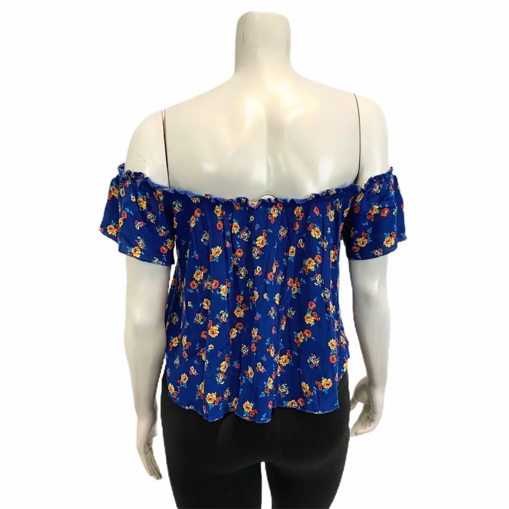 Society Girl Blue Floral Off Shoulder Top - Image 4