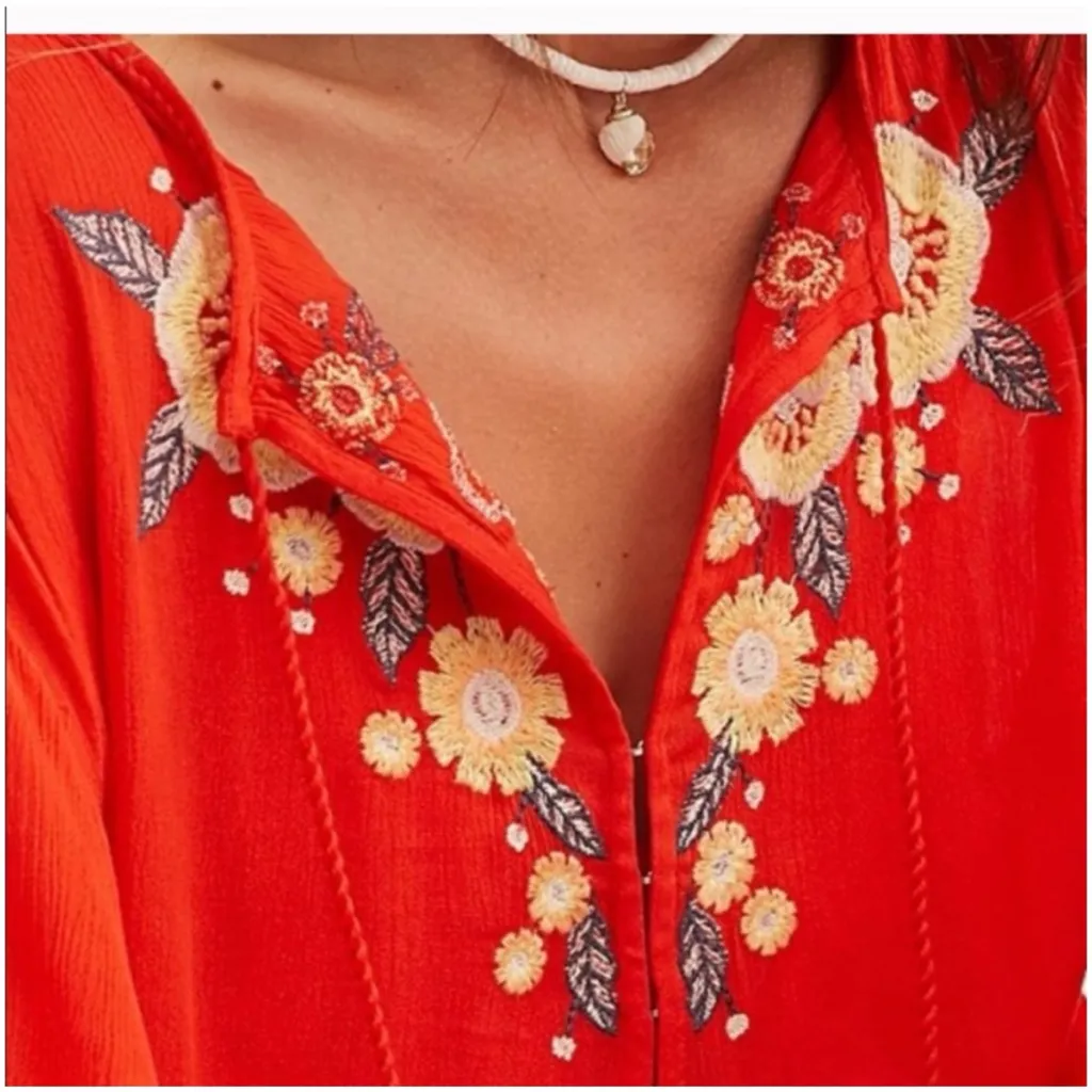 Free People Orange Red Embroidered Boho Floral Spell On You Mini Dress XS - Image 4