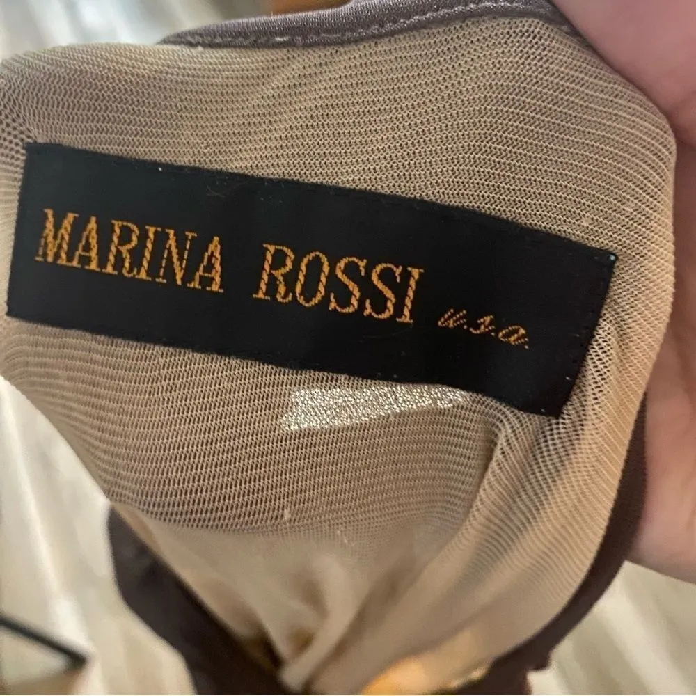 Marina Rossi Women's Brown Ruched Bodycon Semi Sheer Midi Dress M Party Wear Size 8 - Image 4