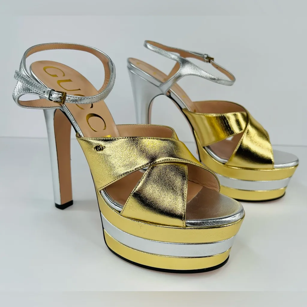 Gucci Crisscross Metallic Leather Straps Platform Heel Logo Sandals Size EU 39.5 - Image 11