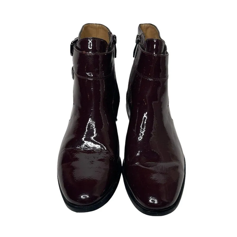 Franco Sarto Riddick Booties Burgundy Plum Patent Leather Side Zip Buckles 8.5 - Image 9