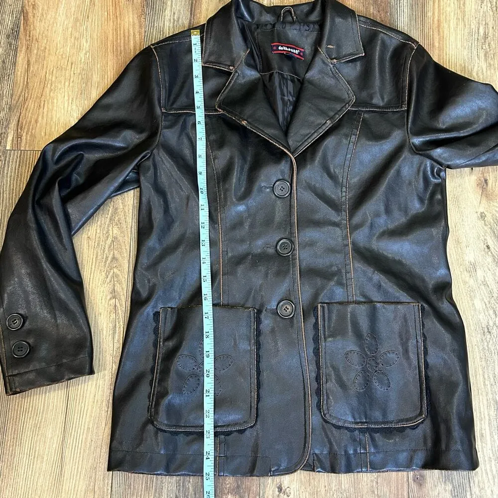 Y2K 90s Faux Leather Brown Pleather Jacket Boho Hippie Flower Lace Distressed - Image 10