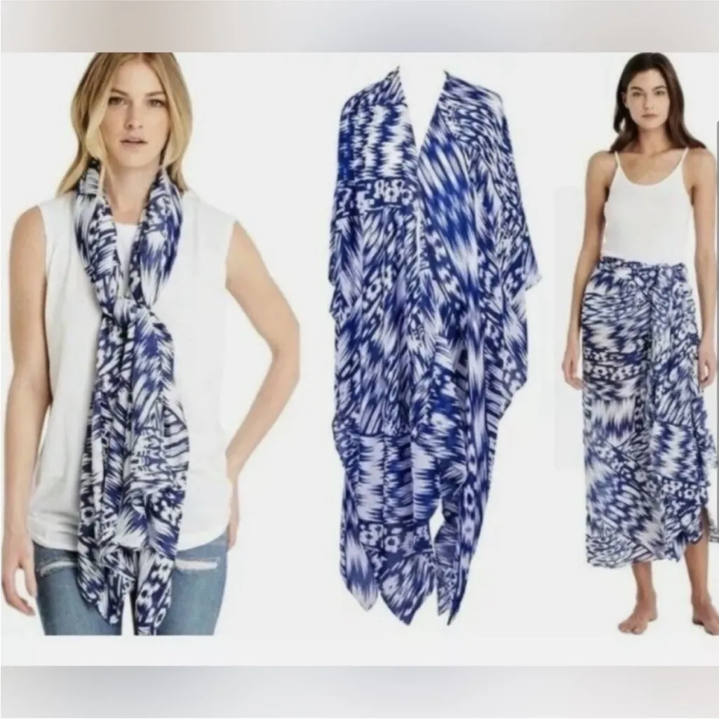 Michael Stars Blue Ikat Print Ruana Wrap Scarf One Size Cover Up Beach Resort - Image 2